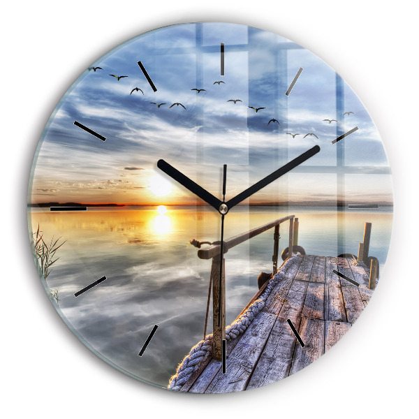 Round glass wall clock Lake Sunset