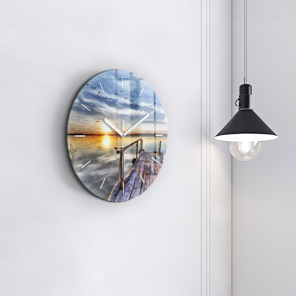 Round glass wall clock Lake Sunset