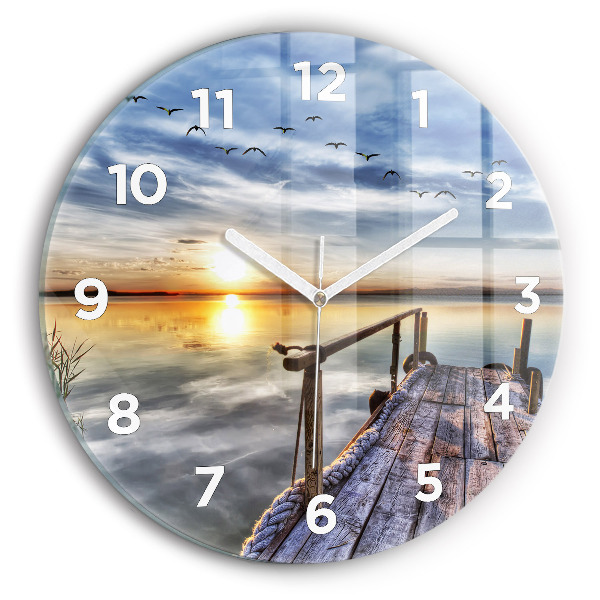 Round glass wall clock Lake Sunset