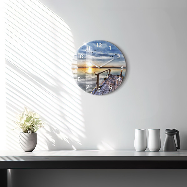 Round glass wall clock Lake Sunset