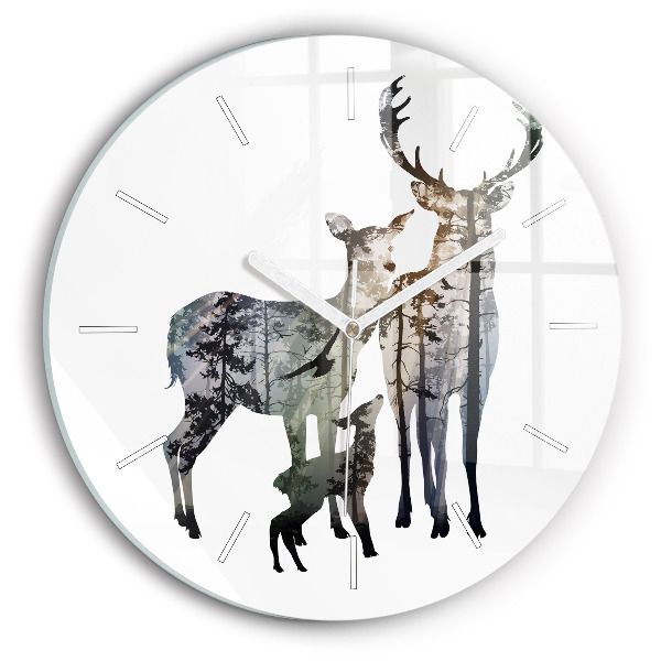 Round glass wall clock Deer family