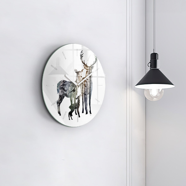Round glass wall clock Deer family