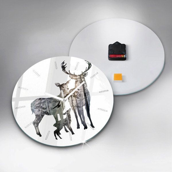 Round glass wall clock Deer family