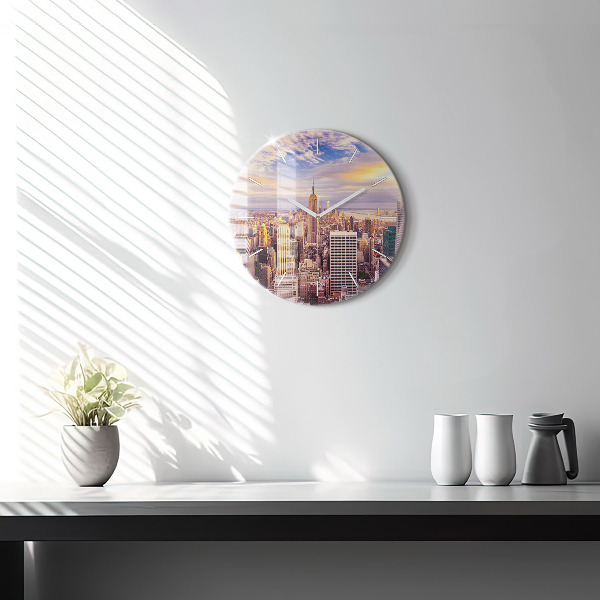 Round glass wall clock Sunset New York