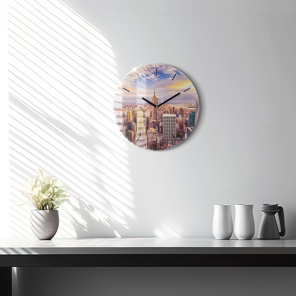 Round glass wall clock Sunset New York