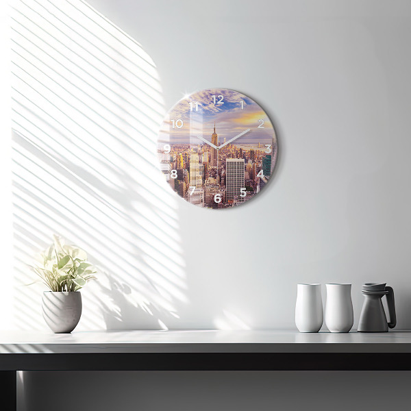 Round glass wall clock Sunset New York