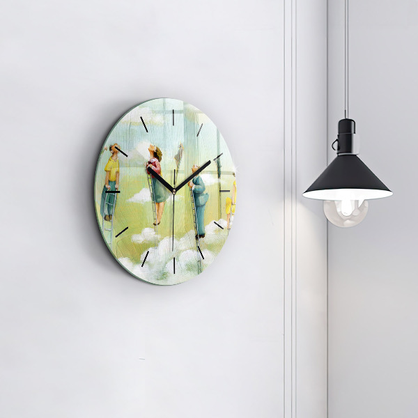 Round glass wall clock People on ladders