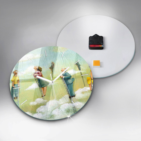 Round glass wall clock People on ladders