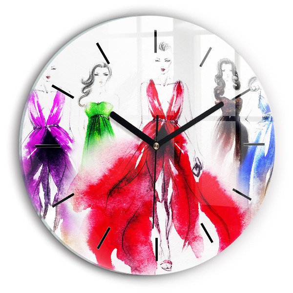 Round glass wall clock Women in colorful dresses
