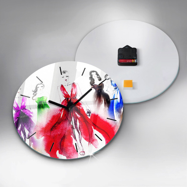 Round glass wall clock Women in colorful dresses