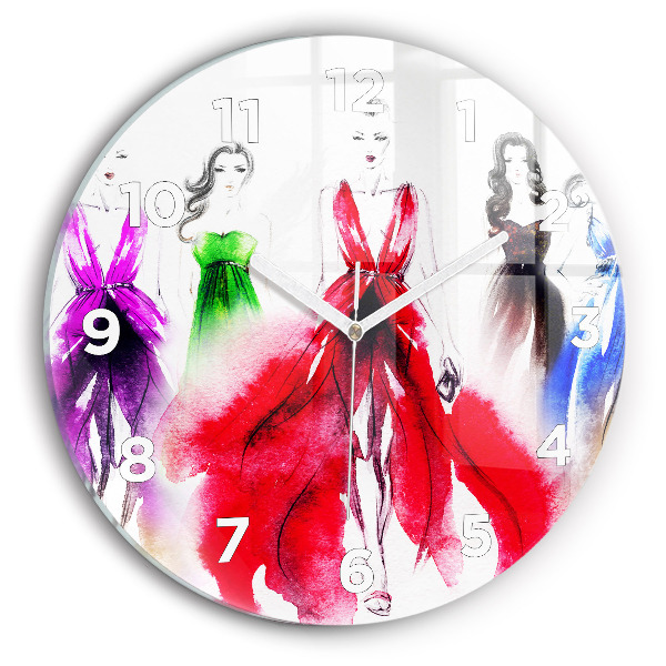 Round glass wall clock Women in colorful dresses