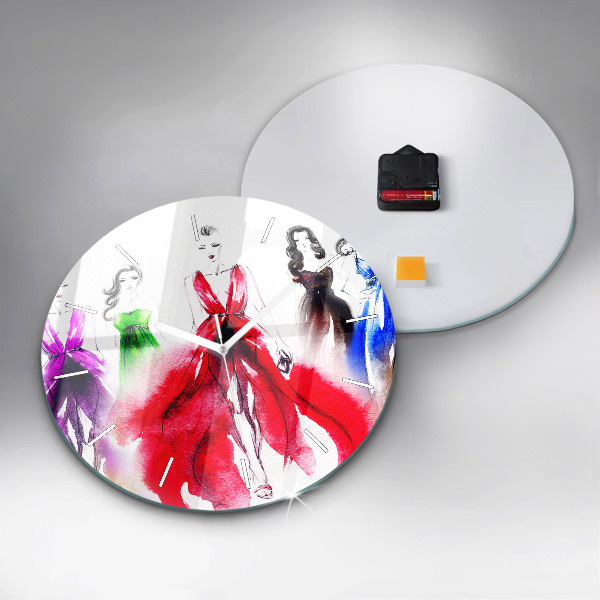 Round glass wall clock Women in colorful dresses