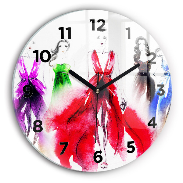 Round glass wall clock Women in colorful dresses