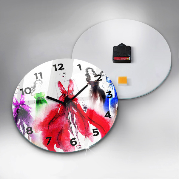 Round glass wall clock Women in colorful dresses