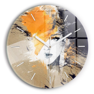 Round glass wall clock Portrait of a woman abstract