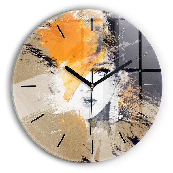 Round glass wall clock Portrait of a woman abstract