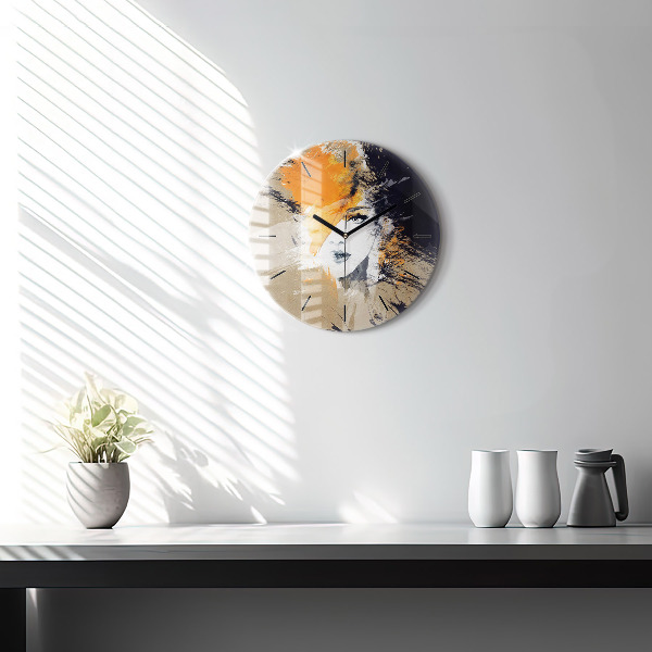 Round glass wall clock Portrait of a woman abstract