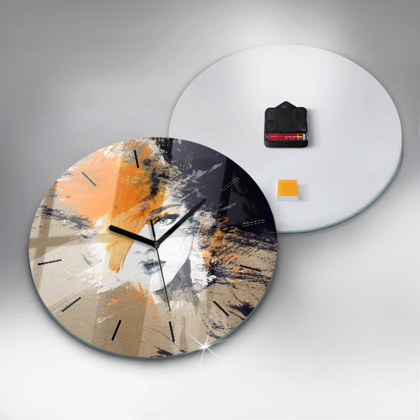 Round glass wall clock Portrait of a woman abstract