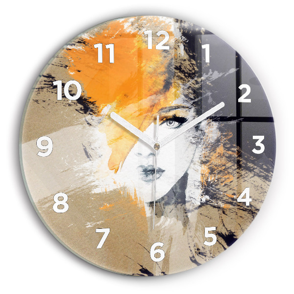 Round glass wall clock Portrait of a woman abstract