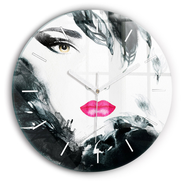Round glass wall clock Portrait of a woman red lips