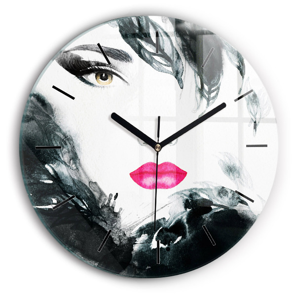 Round glass wall clock Portrait of a woman red lips