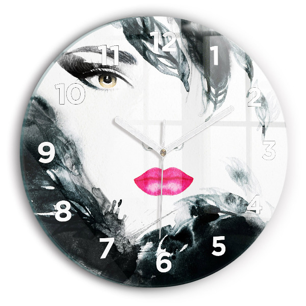Round glass wall clock Portrait of a woman red lips