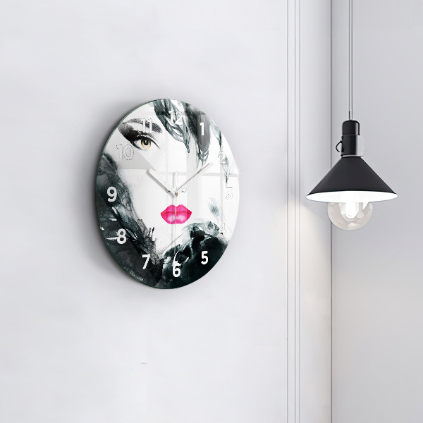 Round glass wall clock Portrait of a woman red lips