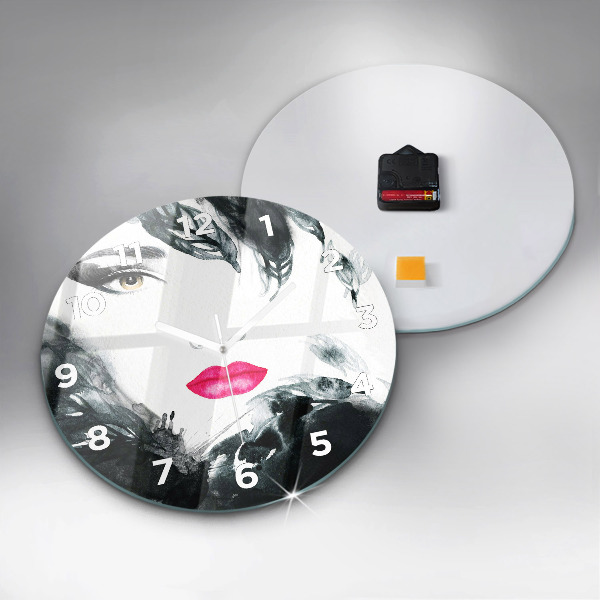 Round glass wall clock Portrait of a woman red lips