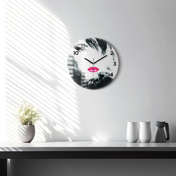 Round glass wall clock Portrait of a woman red lips