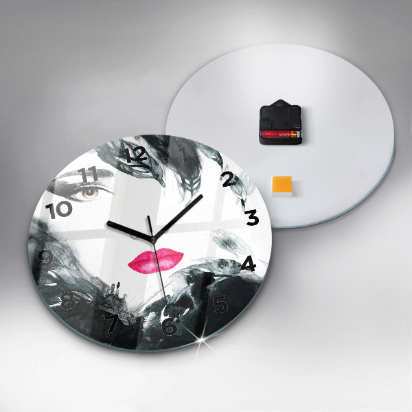Round glass wall clock Portrait of a woman red lips