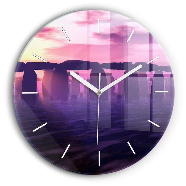 Round glass wall clock Sunset at Stonehenge
