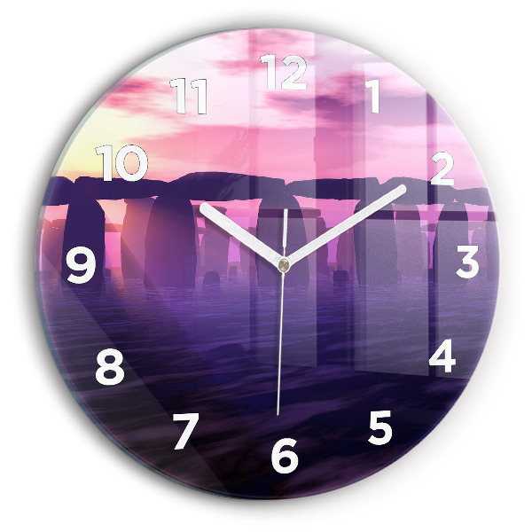 Round glass wall clock Sunset at Stonehenge