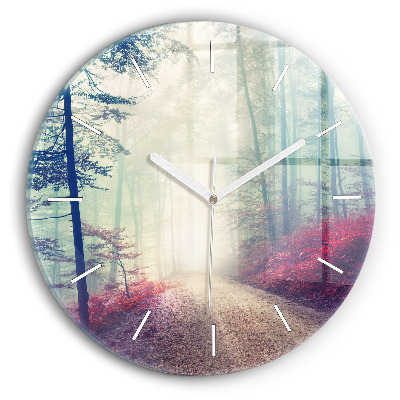 Round glass wall clock Autumn road Forest Fog
