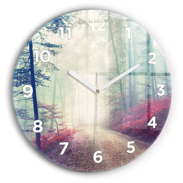 Round glass wall clock Autumn road Forest Fog