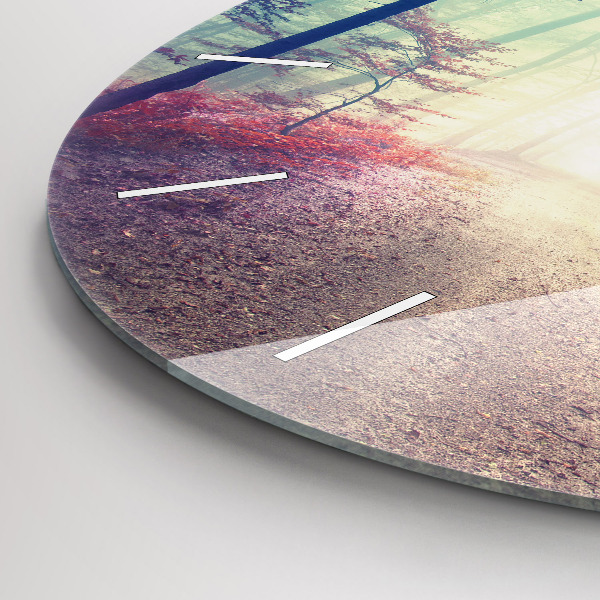 Round glass wall clock Autumn road Forest Fog