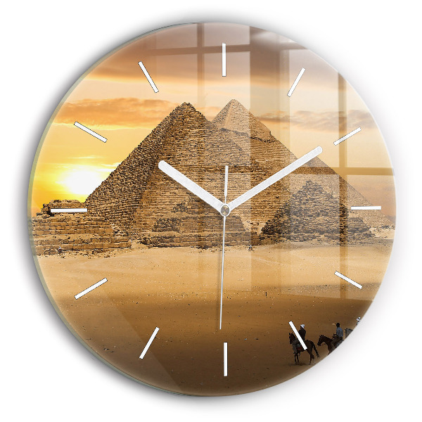 Round glass wall clock Pyramids and sunset