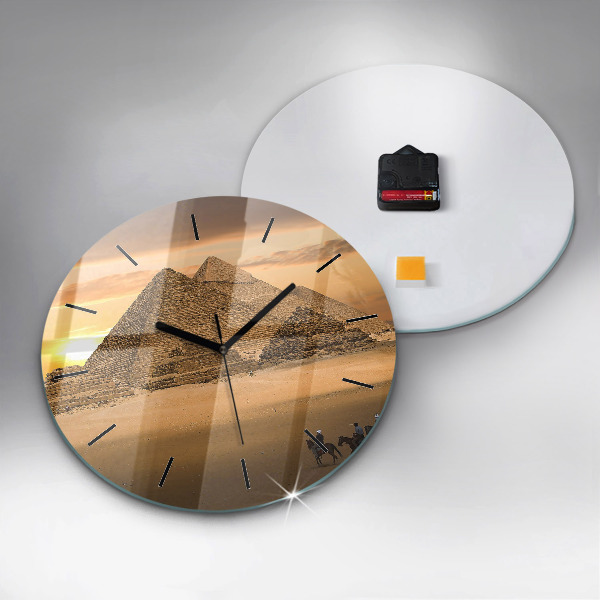 Round glass wall clock Pyramids and sunset