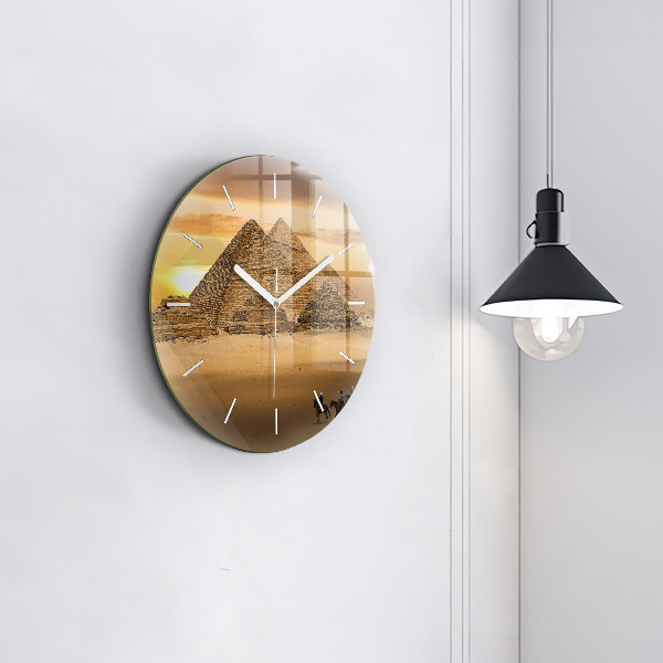 Round glass wall clock Pyramids and sunset