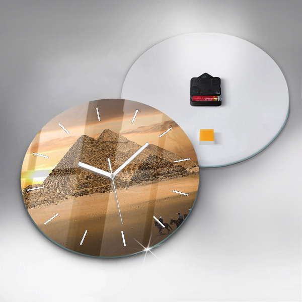 Round glass wall clock Pyramids and sunset