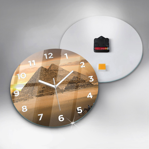 Round glass wall clock Pyramids and sunset