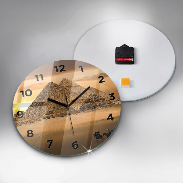 Round glass wall clock Pyramids and sunset