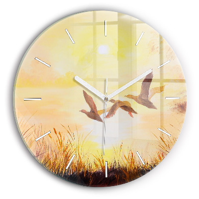 Round glass wall clock Cranes at sunset