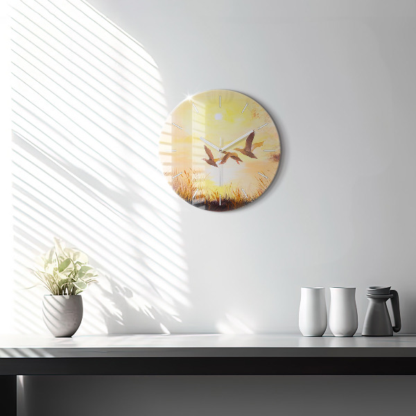 Round glass wall clock Cranes at sunset