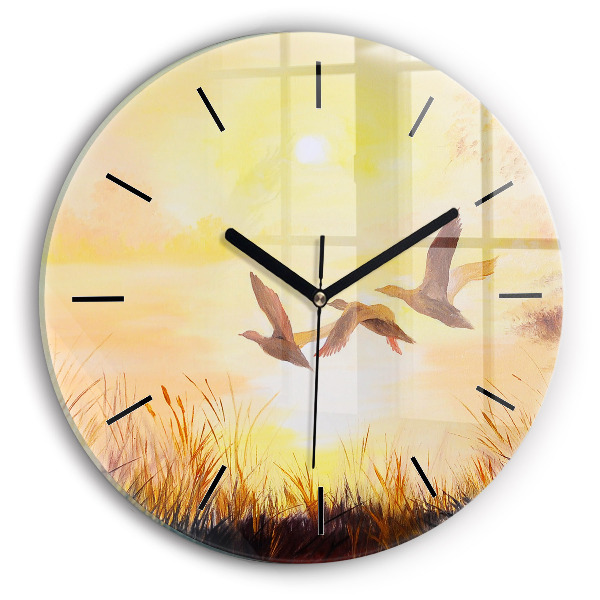 Round glass wall clock Cranes at sunset