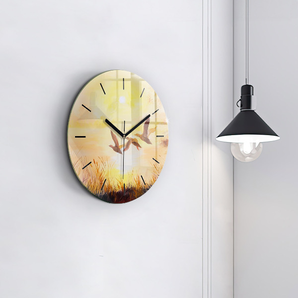 Round glass wall clock Cranes at sunset