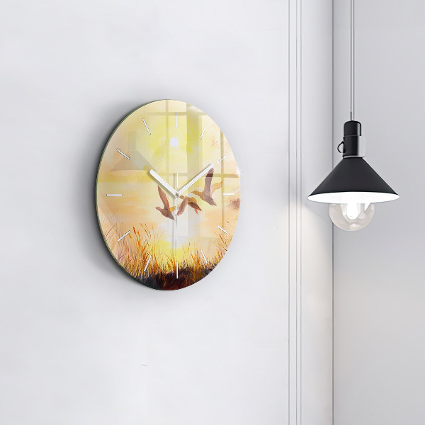 Round glass wall clock Cranes at sunset