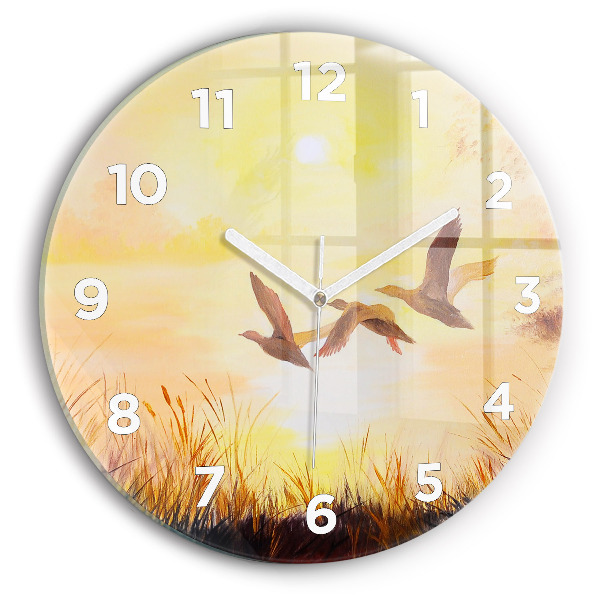 Round glass wall clock Cranes at sunset