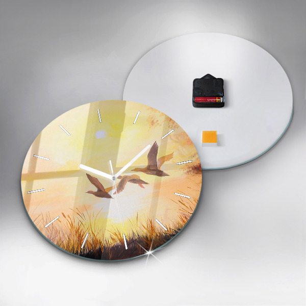 Round glass wall clock Cranes at sunset
