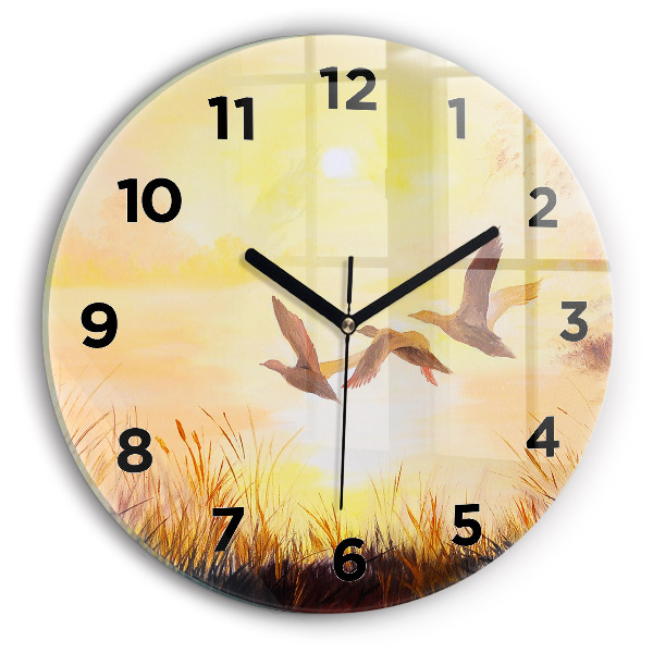 Round glass wall clock Cranes at sunset