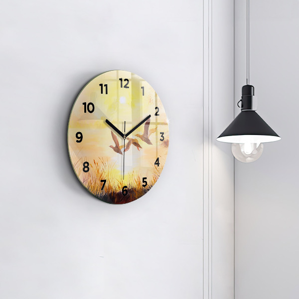 Round glass wall clock Cranes at sunset